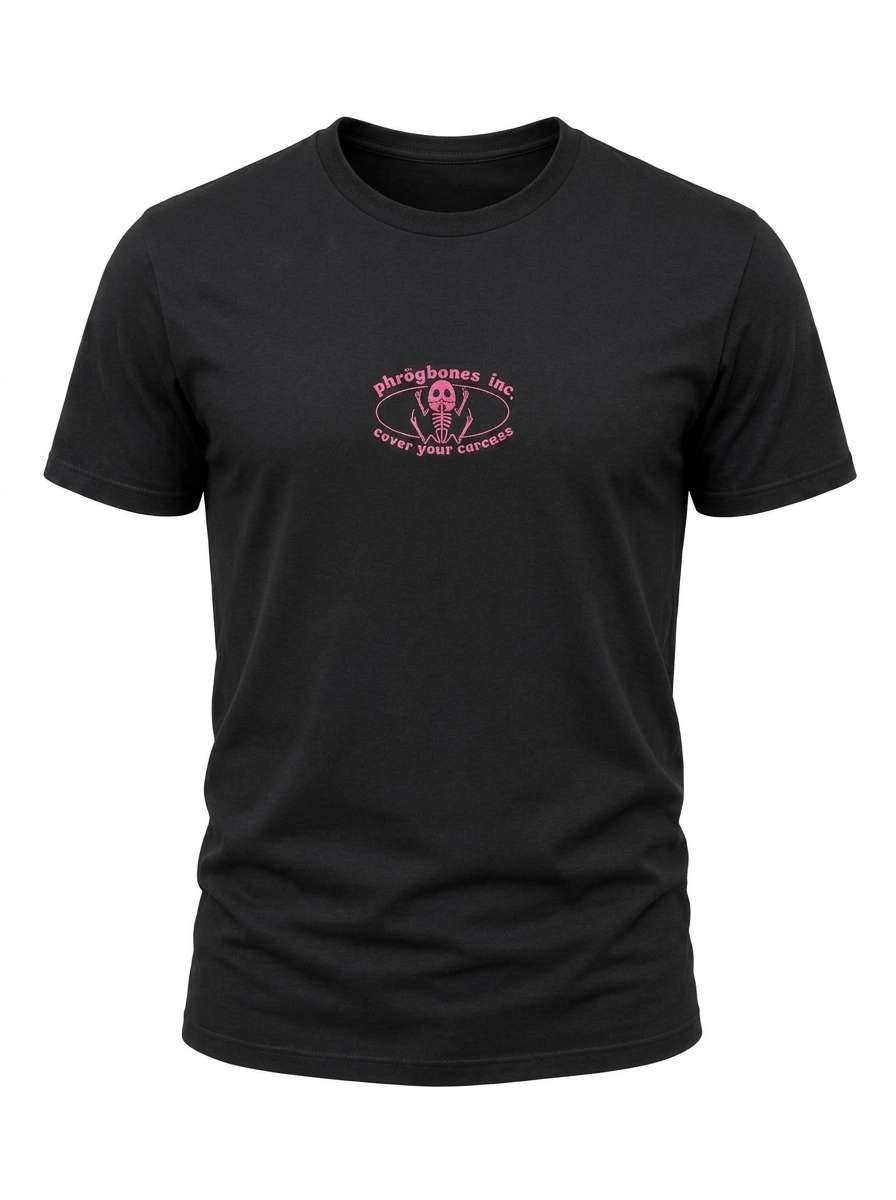 A black short-sleeve crewneck t-shirt with a small pink oval graphic on the left chest reading 'phrogbones inc' and 'cover your carcass'.