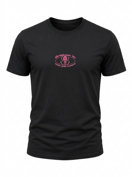 A black short-sleeve crewneck t-shirt with a small pink oval graphic on the left chest reading 'phrogbones inc' and 'cover your carcass'.